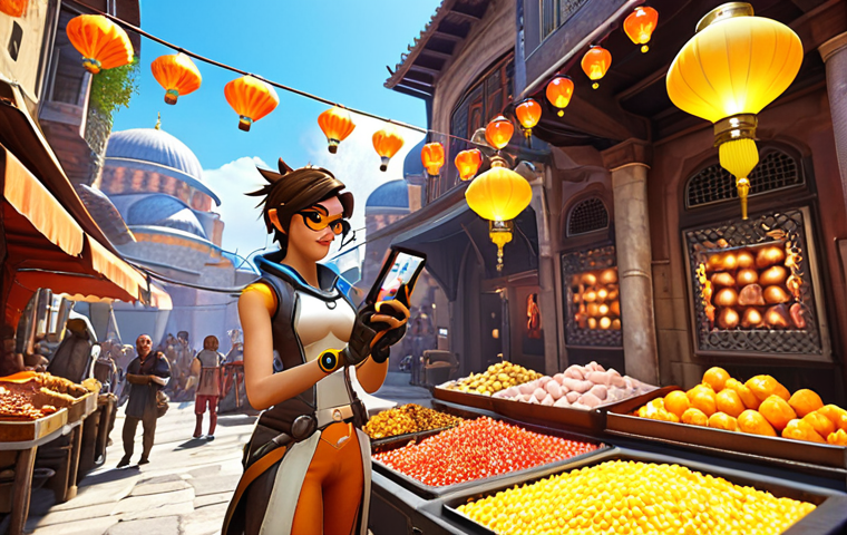 ** *Overwatch Mobile: Tracer using her blink ability in a bustling Istanbul marketplace, showcasing the game's fast-paced action on mobile with vibrant, optimized graphics. Turkish delight stands and colorful lanterns are visible.*
**